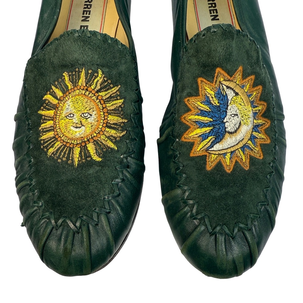 Susan Bennis Warren Edwards Leather Loafers Green Sun Moon Embroidery Italian - Picture 13 of 13